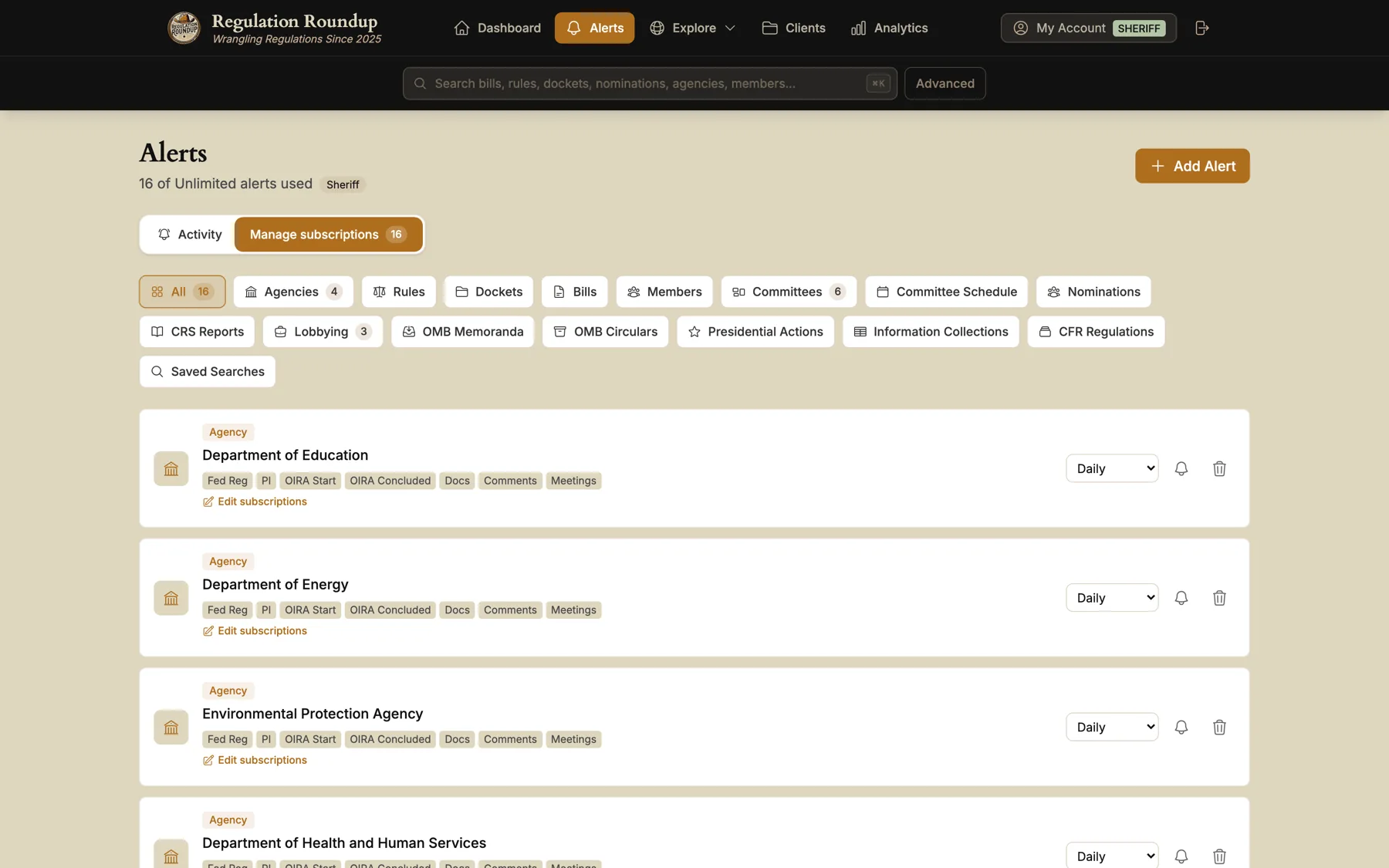 The alert subscriptions screen showing sixteen active subscriptions grouped by type, each with the events it covers and a delivery frequency selector.