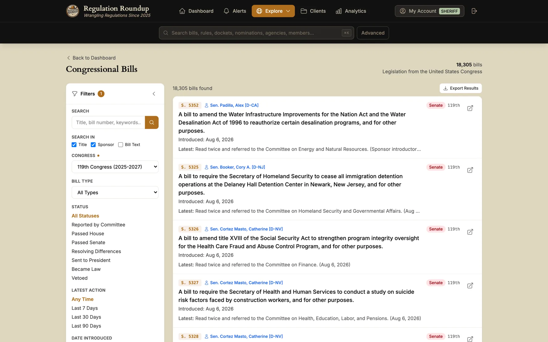 The congressional bills view listing recently introduced measures with their number, date, sponsor and latest action.