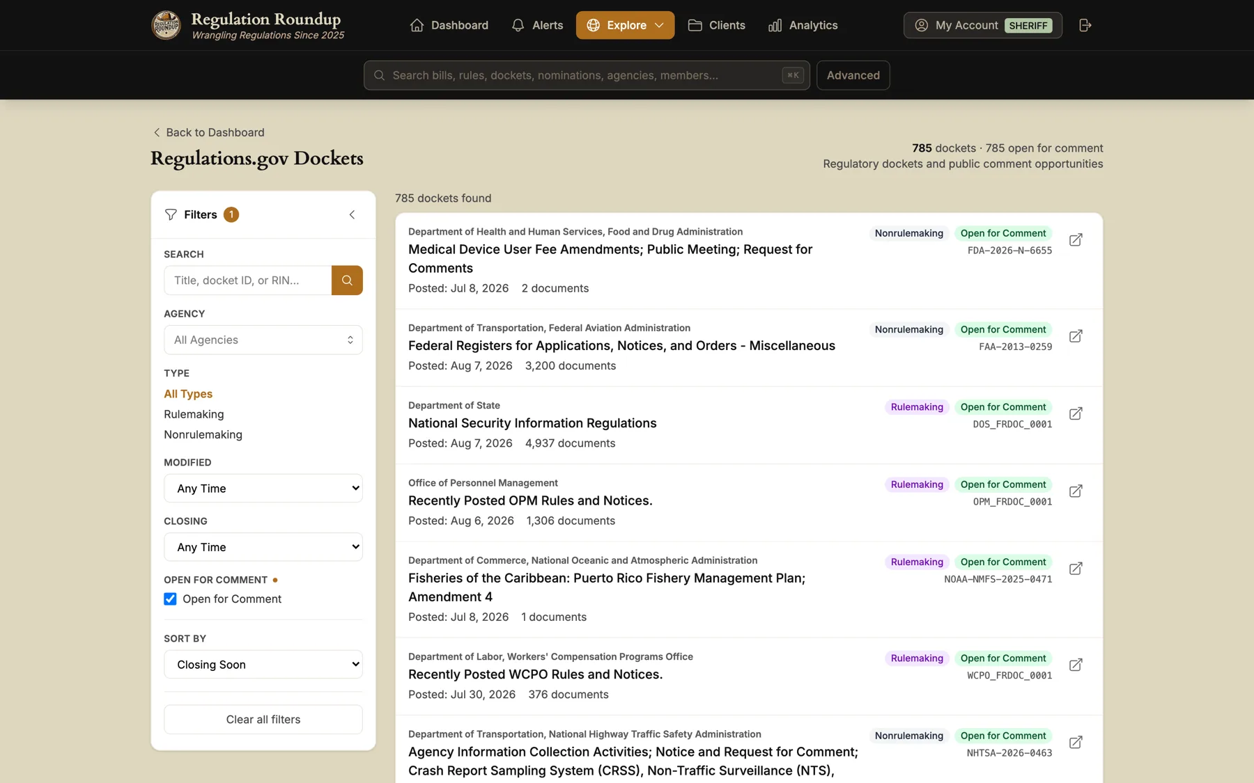 The dockets view sorted by soonest closing date, listing open comment periods with the agency, docket number and days remaining.