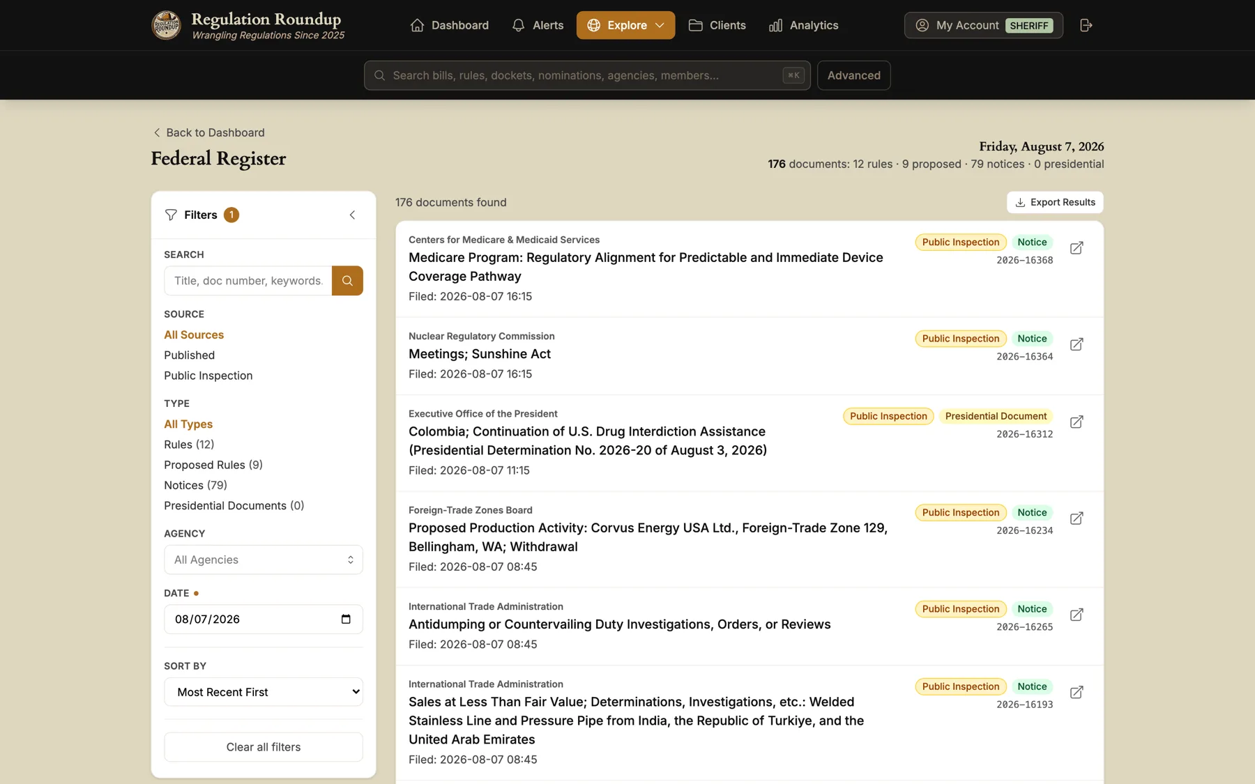 The Federal Register view for Friday, August 7, 2026, listing 176 documents including 12 rules, 9 proposed rules and 79 notices, with filters for source, type, agency and date.