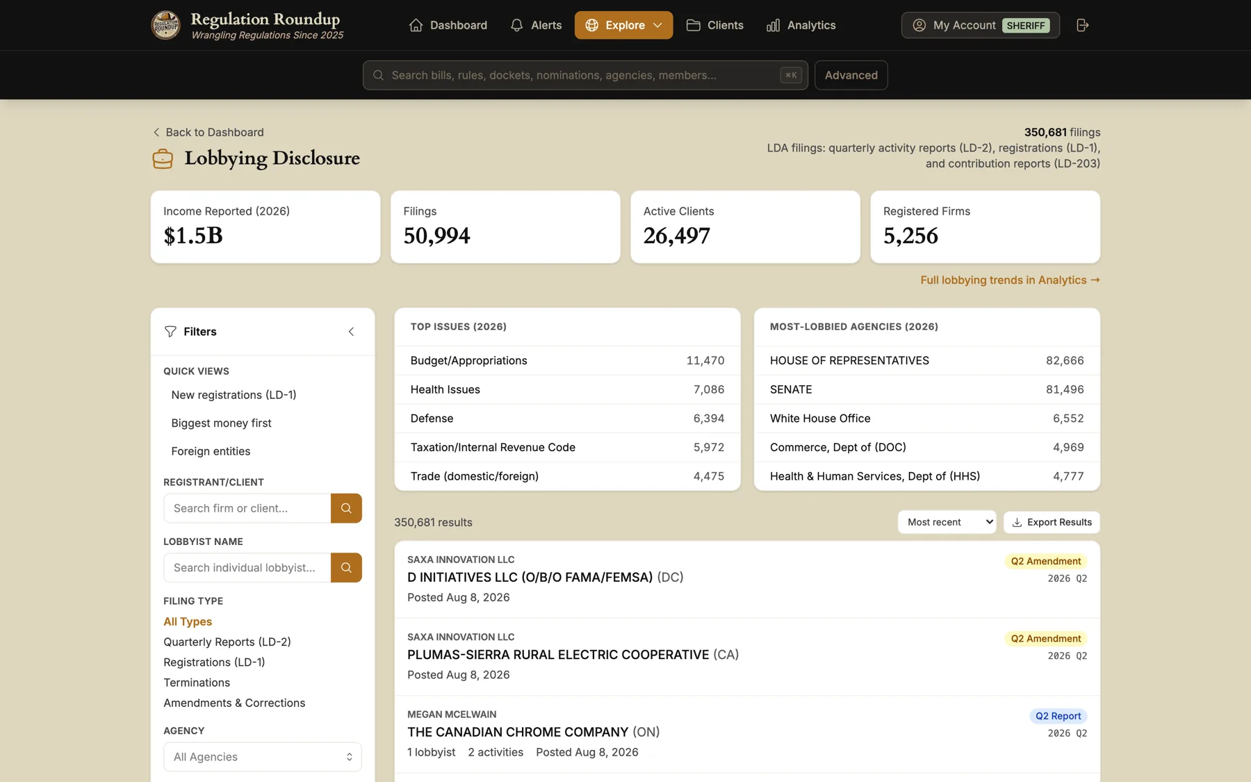The lobbying view listing recent LD-2 and LD-203 filings with registrant names, client names and filing dates.
