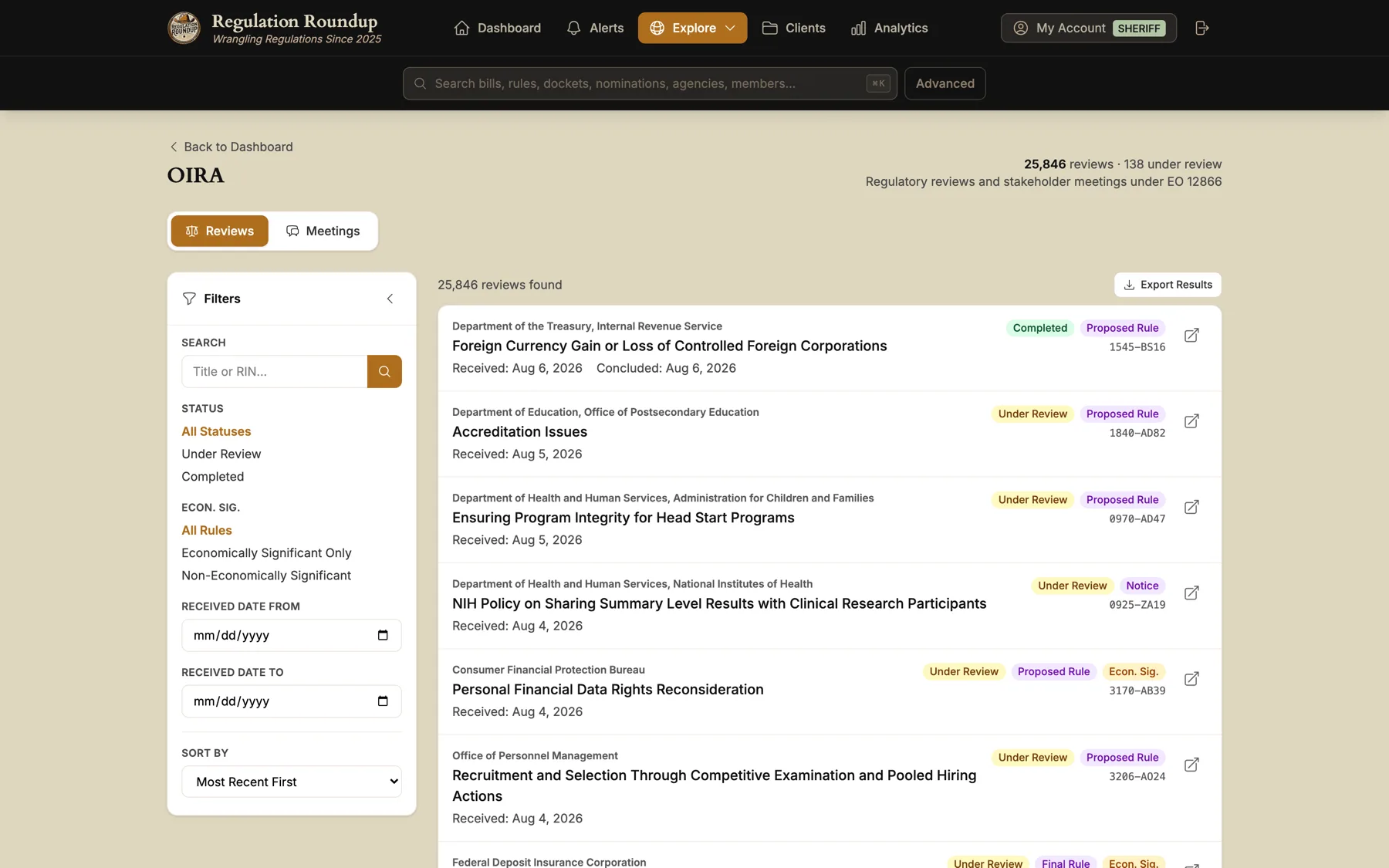 The OIRA review screen listing rules currently under White House review with their agency, stage, regulation identifier number and the date each was received.