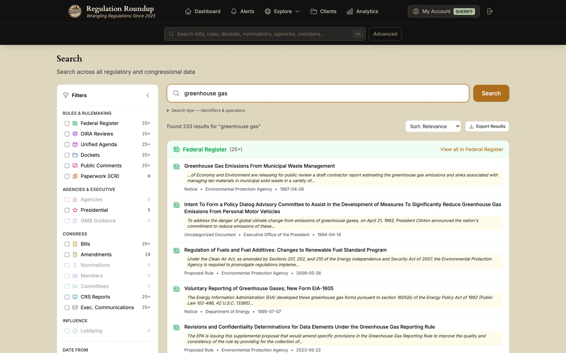 Search results for greenhouse gas showing 233 results across Federal Register, OIRA reviews, Unified Agenda, dockets, public comments, bills, amendments, CRS reports and executive communications, with matching text quoted under each result.
